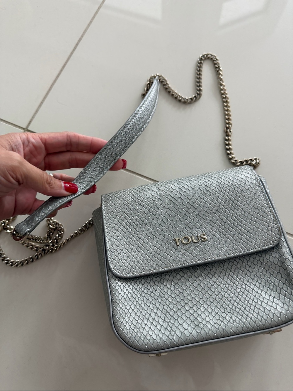 TOUS Silver Textured Chain Crossbody Bag